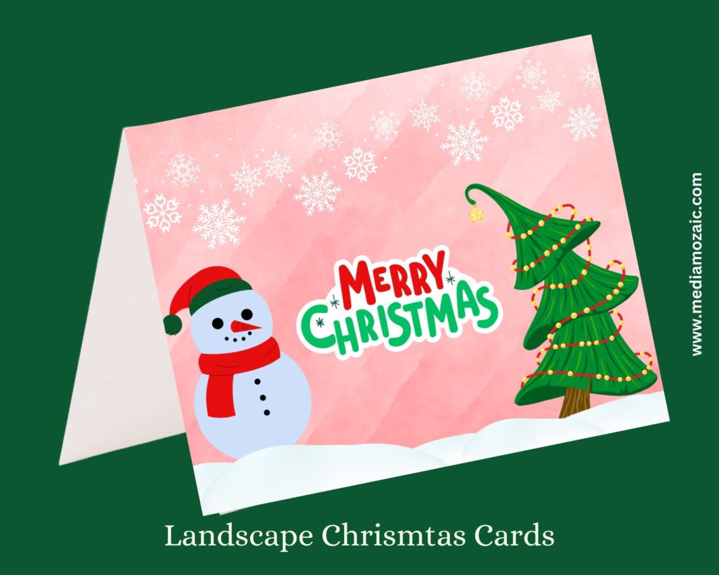 free printable christmas cards, landscape christmas card with snowman and Christmas tree,print greeting cards at home