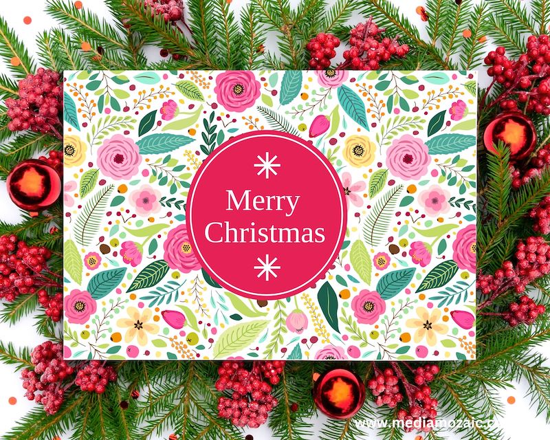 Christmas cards free printable, floral pattern chirtmas printable card with merry Christmas message,print greeting cards free,christmas cards to print off