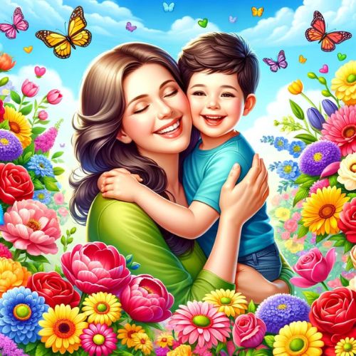 mother and son hugging each other on a floral background