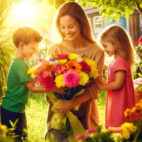 a boy and girl giving a flower bouquet to their mom