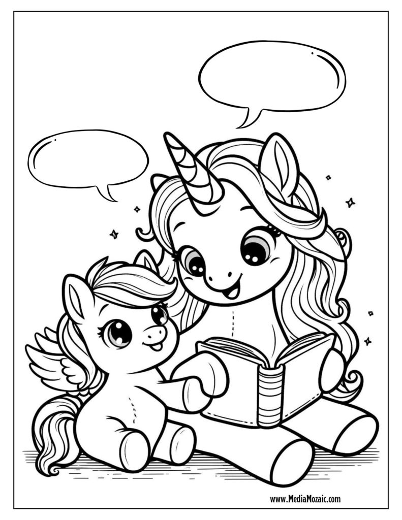 unicorn reading story books image for coloring, two unicorns reading a book colouring page