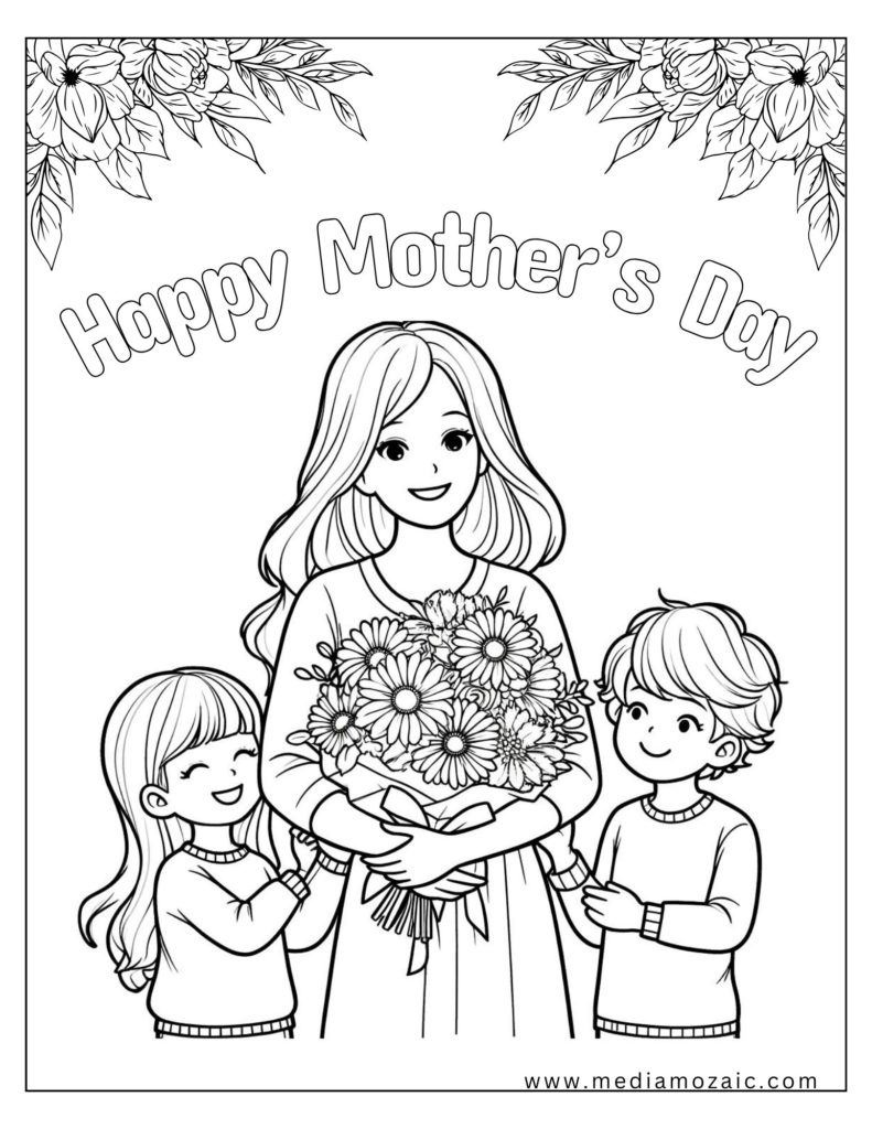 happy mothers day coloring image with mom and kids, Mother's Day coloring pages, mother coloring pages