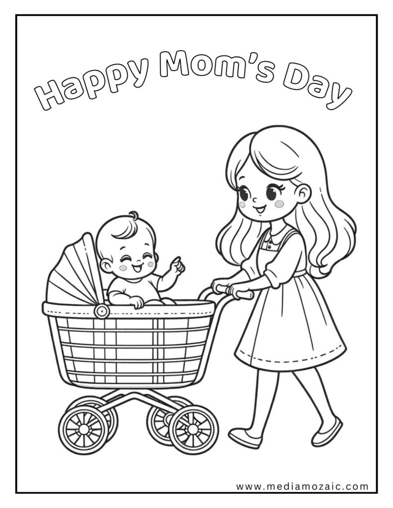 mother carrying a baby in a cart coloring sheet, mothers day images 2024 to color, mother coloring pages