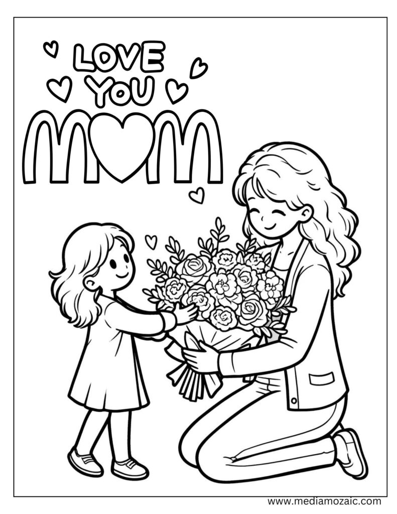 a coloring page of a woman and a girl, mothers day flowers, mothers day gift, Love you mom coloring page,mother coloring pages, mom image to color