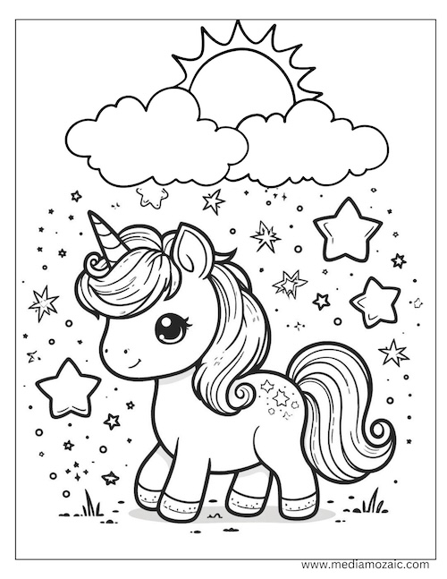 70 Unicorn Coloring Pages (Free Printable PDFs) 2 baby unicorn and stars coloring page 1 1