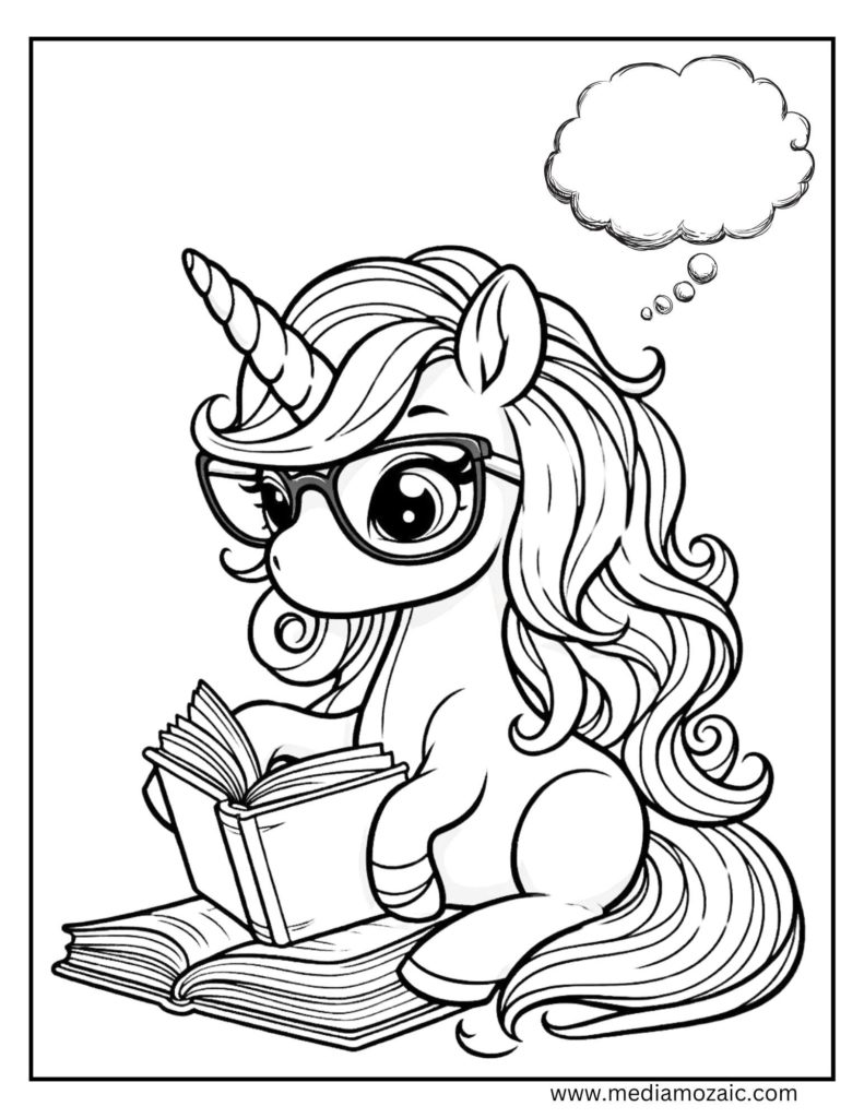 cute unicorn coloring pages,unicorn coloring pages, two Unicorn Coloring Pages free, unicorn reading a book image to color