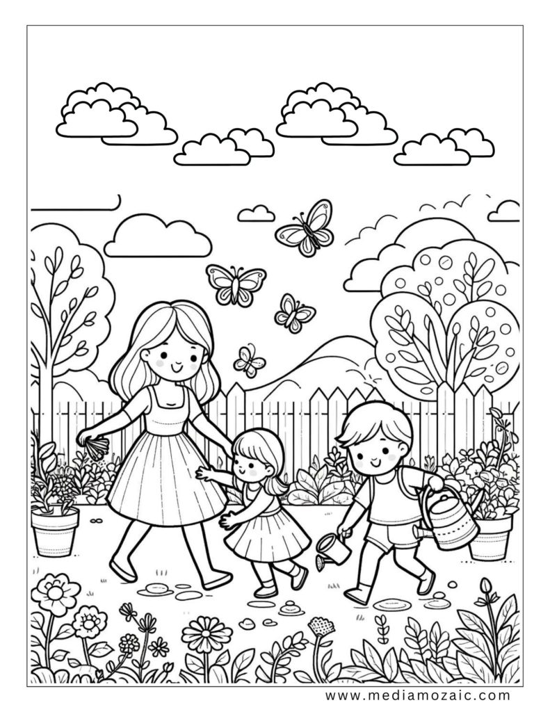 a coloring page of a mother and children walking in a garden, kids and mother coloring page, mother coloring pages, mother pages to color