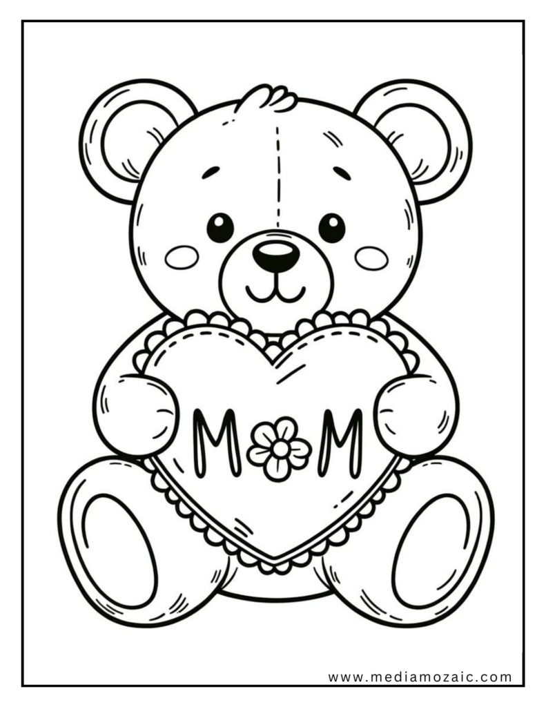 a coloring page of a teddy bear holding a heart, mothers day colouring sheets 2025, mothers day coloring pages for young kids, mom I to color