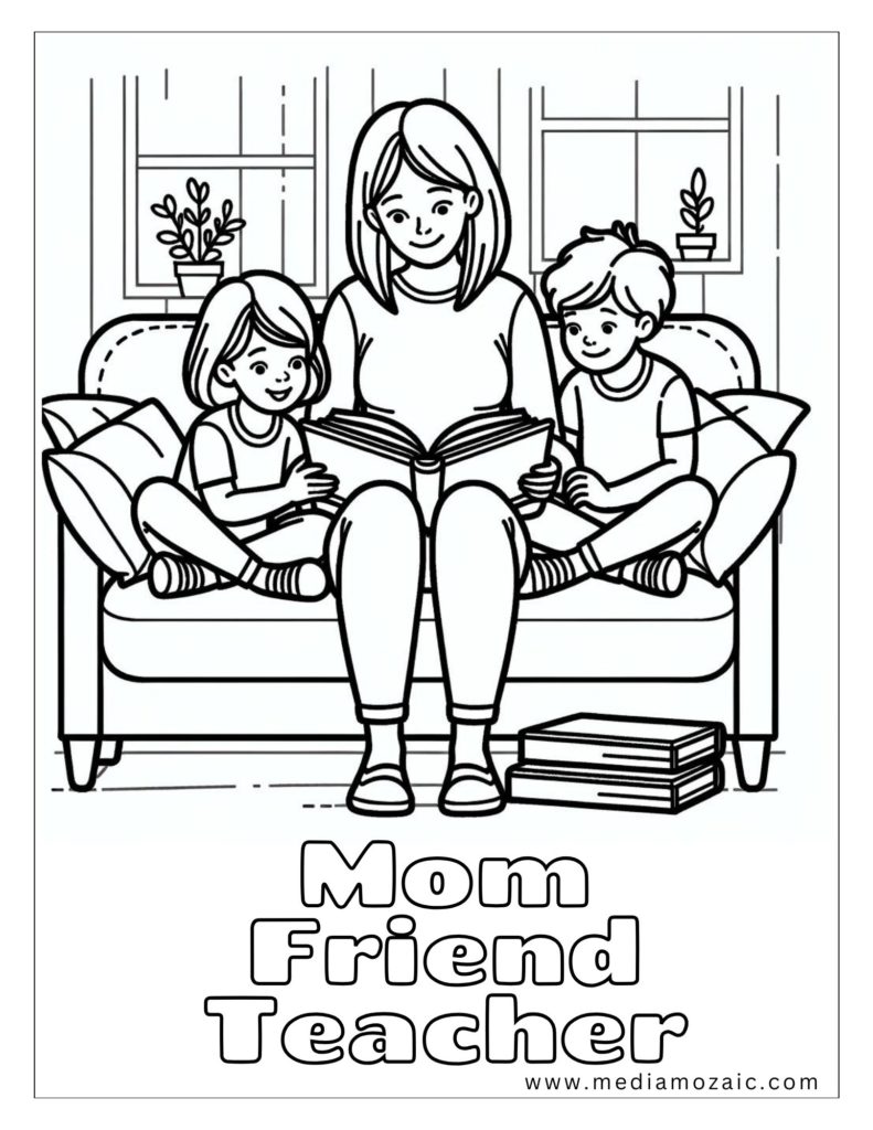 a woman reading a book to children, mothers day images, mothers day coloring page for kids, mother coloring pages, 