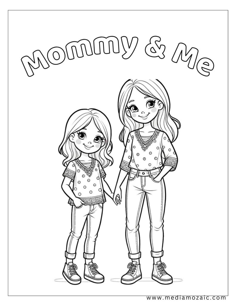 mommy and me coloring page with mom and daughter, Happy mothers day 2025 images to color,mother coloring pages