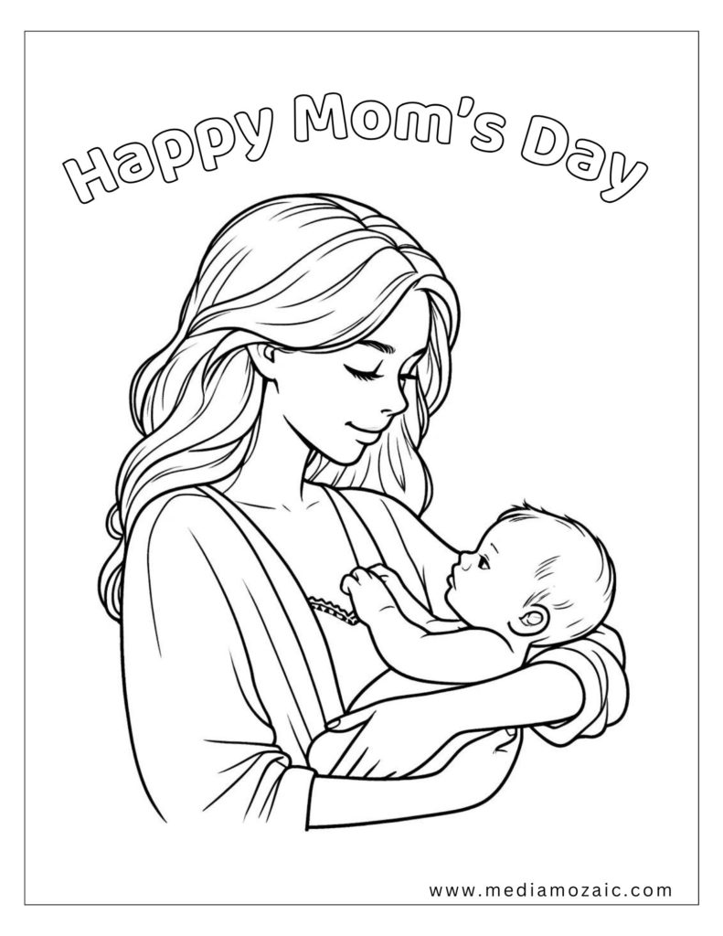 a coloring page of a woman holding a baby, Happy mothers day 2024 coloring images and sheets, mom image to color, 