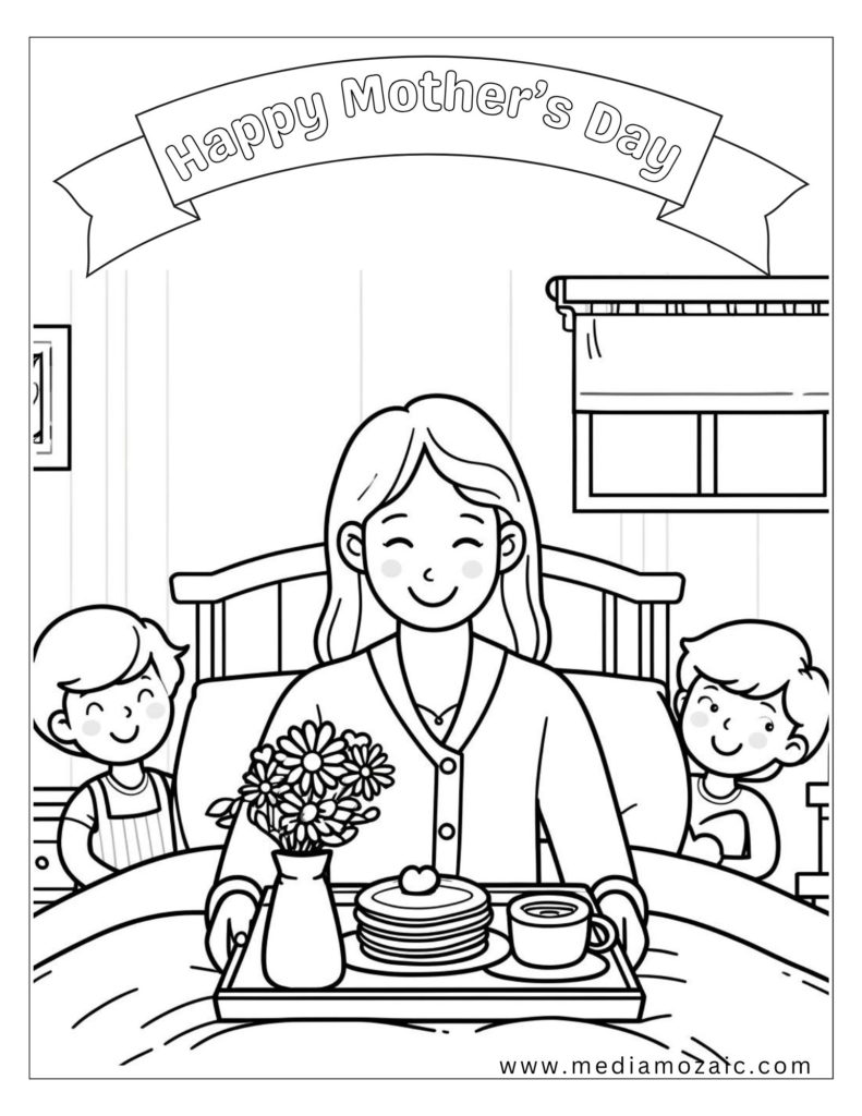 a coloring page of a woman with a tray of food, mothers day breakfast image, mom coloring page, mother coloring pages