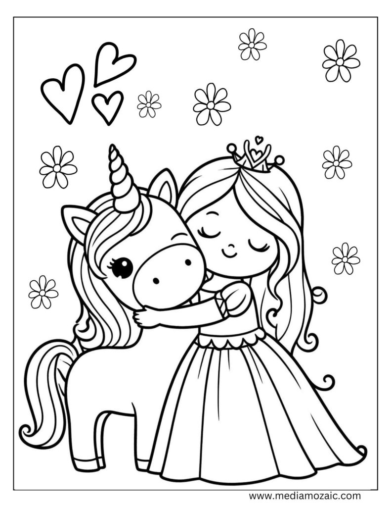 unicorn with princess coloring pages, princess coloring sheet for girls,