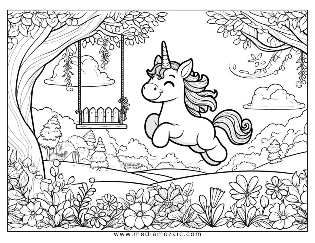 baby Unicorn Coloring Pages, playful unicorn coloring sheet for kids