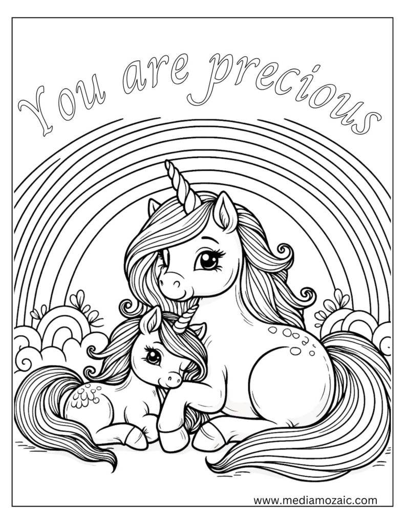 unicorn coloring sheets for kids, mama and baby unicorn coloring sheets, 