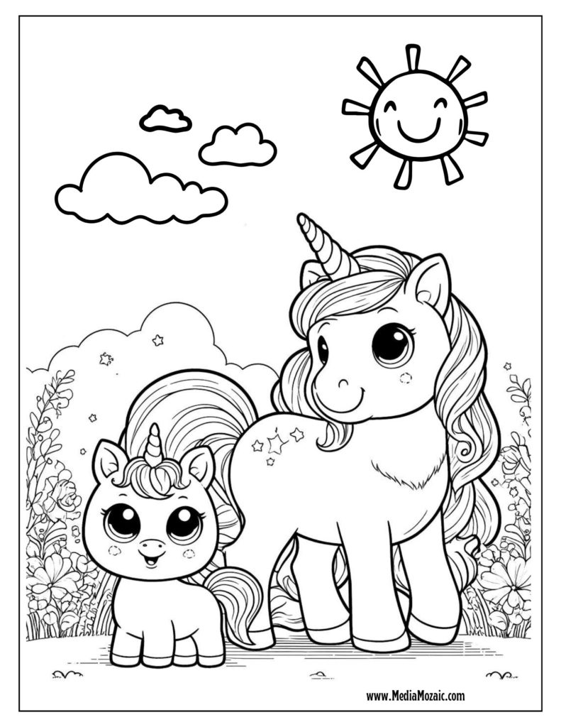 mama unicorn and baby unicorn coloring page, colroing pages for kids, unicorn coloring sheets for kids, animal printables,