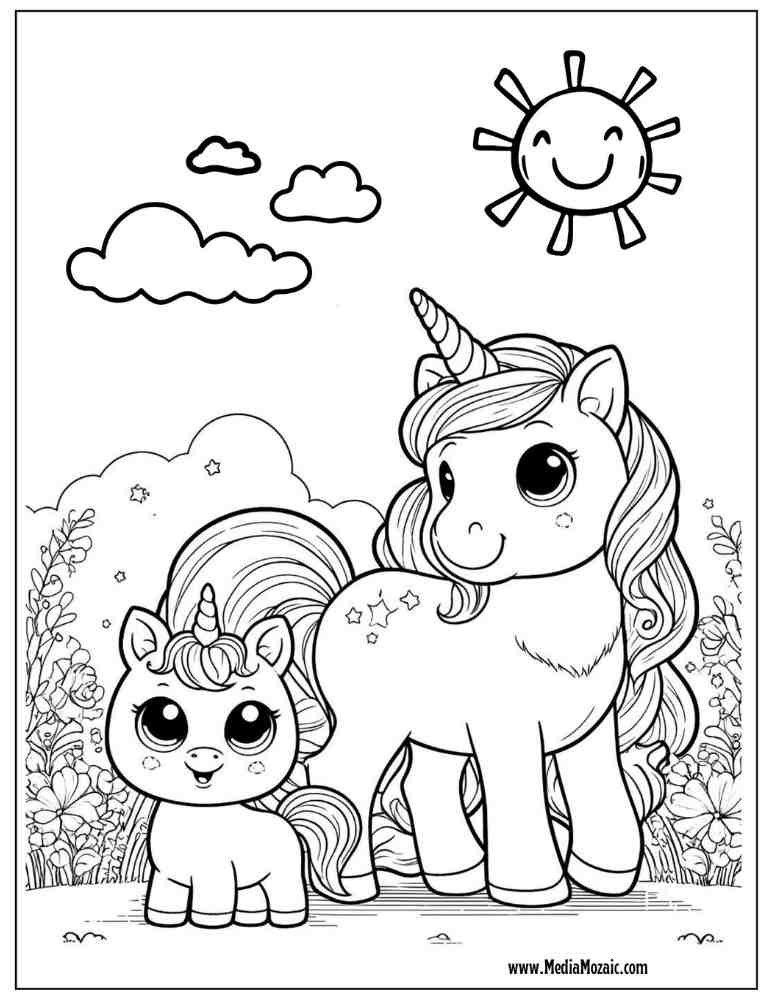 70 Unicorn Coloring Pages (Free Printable PDFs) 35 mama unicorn and baby unicorn coloring page, colroing pages for kids, unicorn coloring sheets for kids, animal printables,