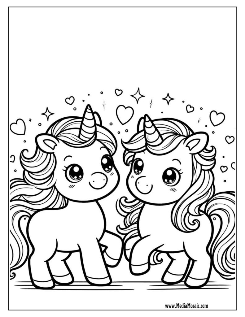 printable free coloring sheets for kids, free printable animal coloring sheets, unicorns with hearts coloring page for kids