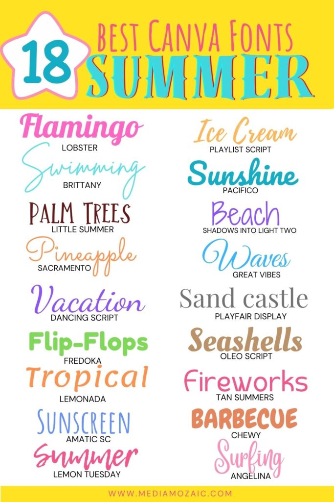 canva fonts, canva summer fonts list, best canva fonts for summer themes, summer canva, 18 best summer fonts, beachy canva fonts