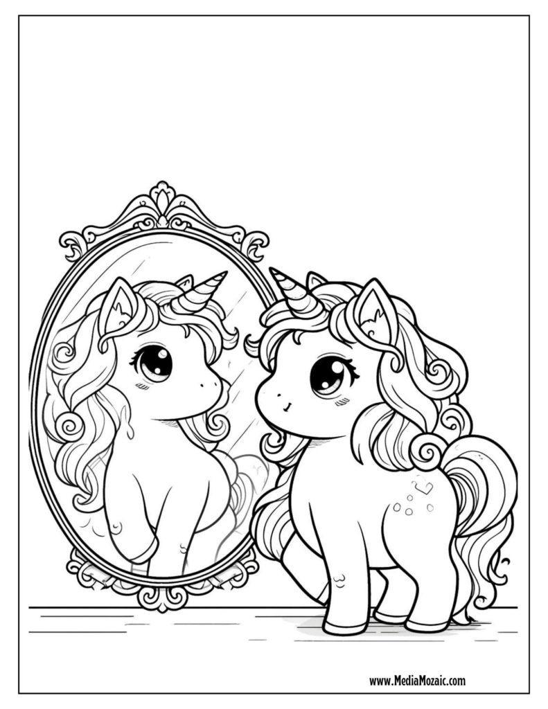 cute unicorn against a mirror coloring image, 