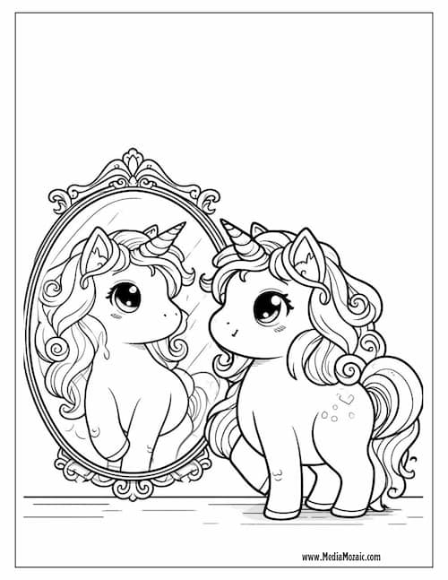 70 Unicorn Coloring Pages (Free Printable PDFs) 60 cute unicorn against a mirror coloring image, coloring pages for kids