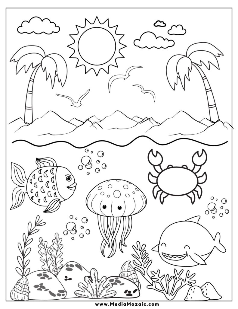 under the sea coloring page, ocean coloring, coloring pages of the ocean, fish coloring pages, free printable coloring pages for kids, free printable ocean coloring pages