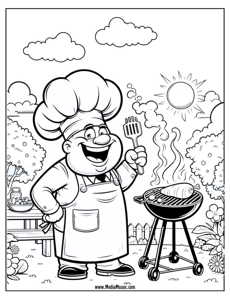 Barbeque colouring page, summer party colouring page, weekend party colouring page ,summer colouring pages