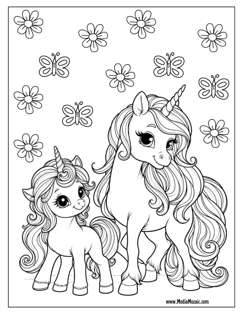 mamma and baby unicorn coloring page, unicorn colouring pages for kids, unicorn images for colouring 