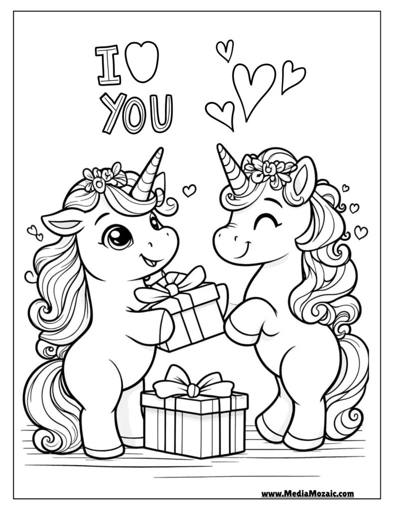 unicorns giving gifts to each other, unicorns sharing love coloring pages,