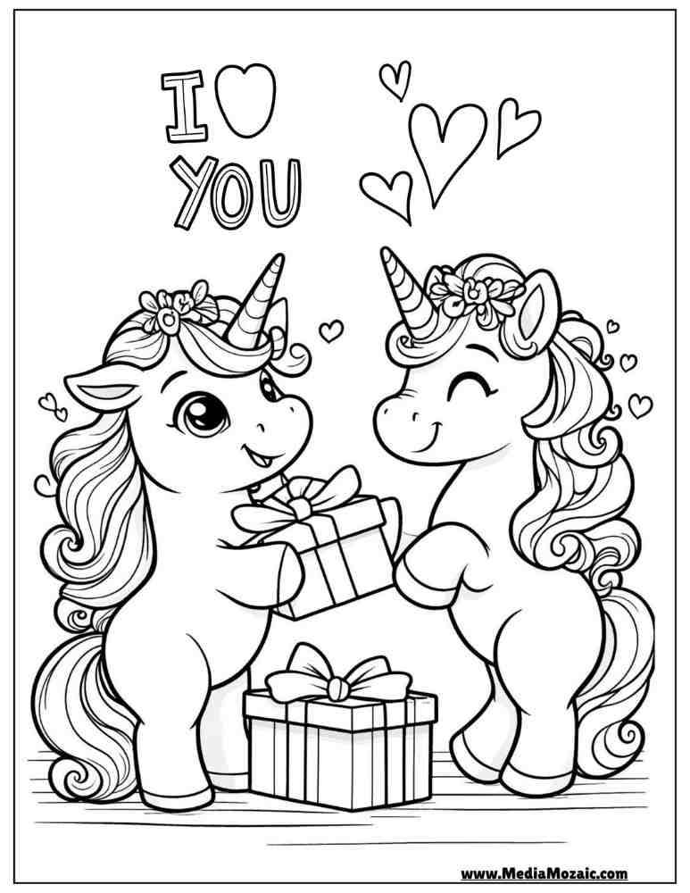 70 Unicorn Coloring Pages (Free Printable PDFs) 34 unicorns giving gifts to each other, unicorns sharing love coloring pages,