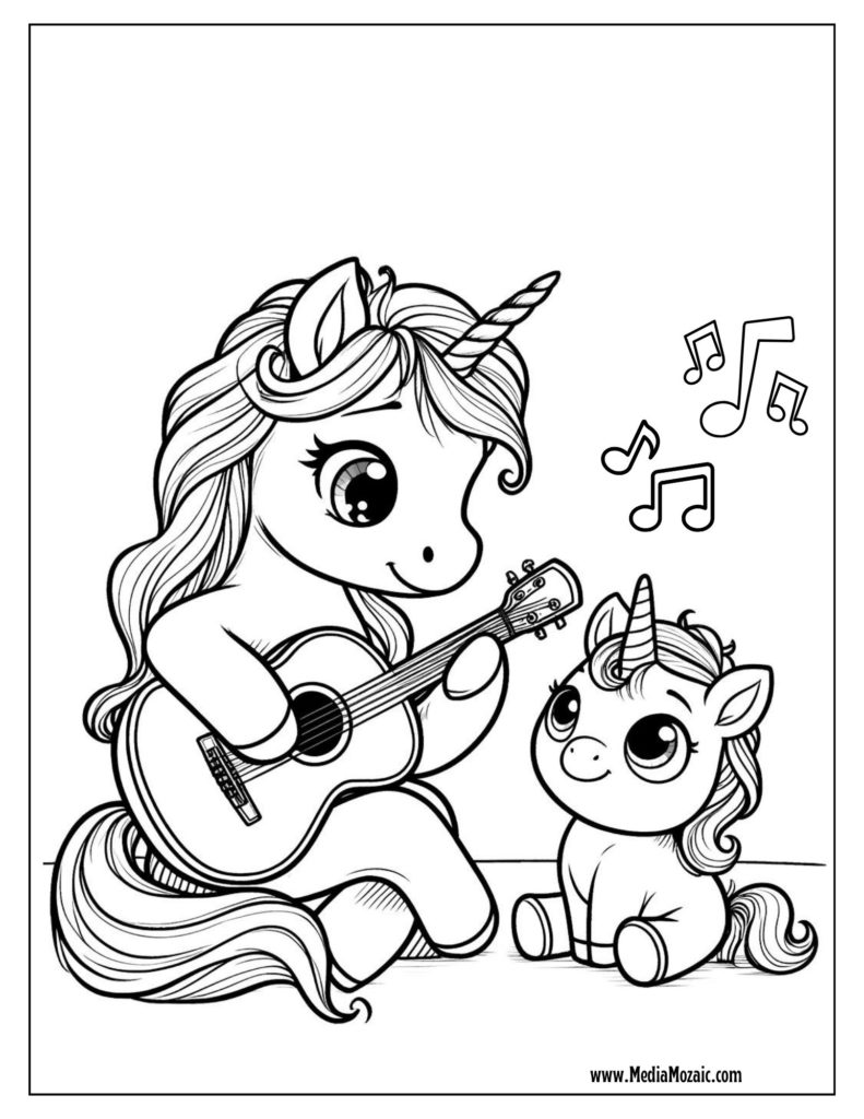 unicorn playing music coloring page, cute mama and baby unicorn playing guitar coloring pages