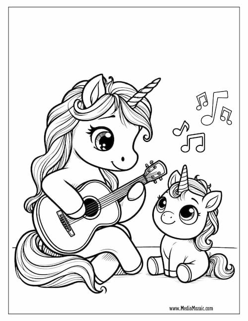 70 Unicorn Coloring Pages (Free Printable PDFs) 58 unicorn playing music coloring page, cute mama and baby unicorn playing guitar coloring pages,coloring pages for kids