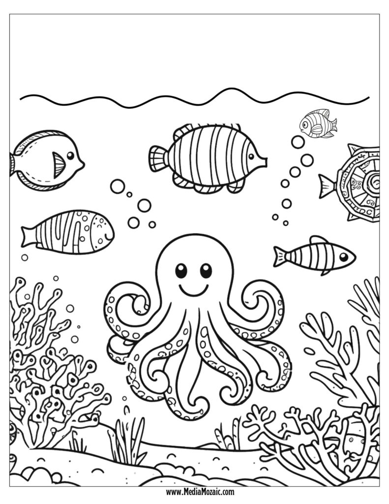 sea life coloring page, colouring pages for summer, colouring pages for kids, octopus colouring page,summer colouring pages