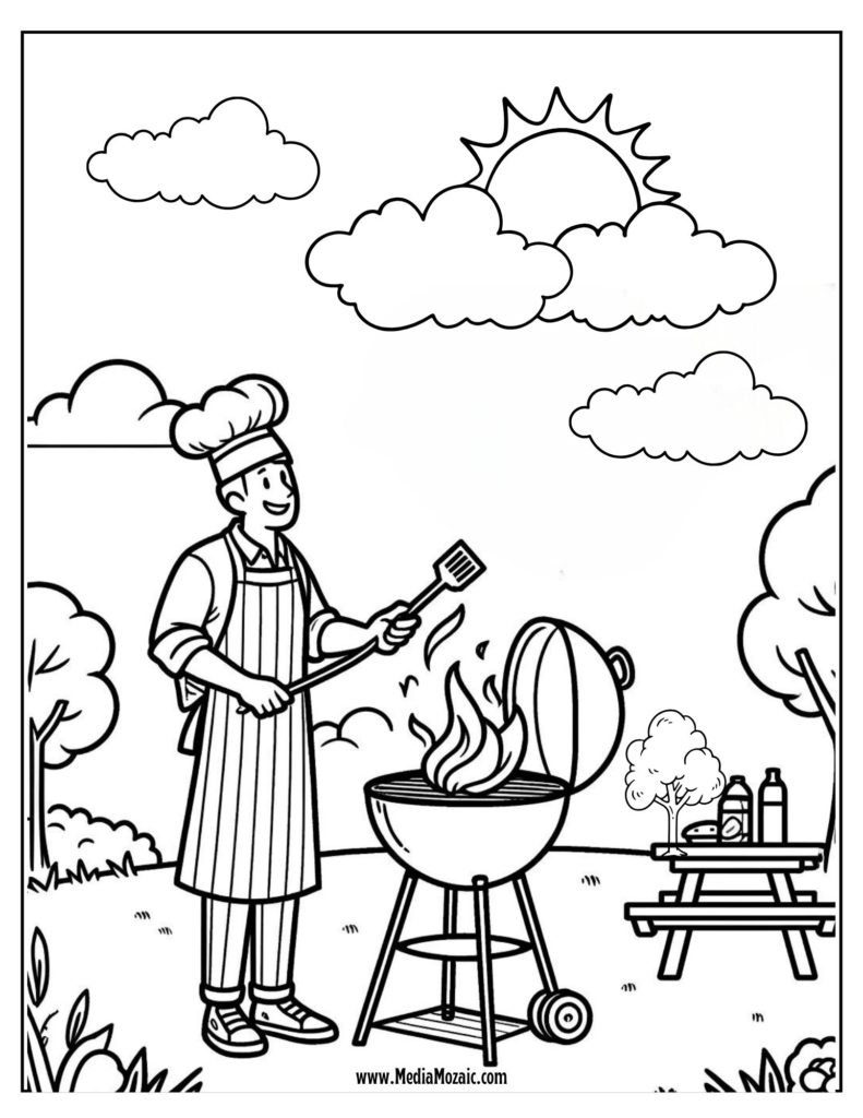 Summer party barbeque colouring page for kids and adults, summertime colouring page,summer colouring pages