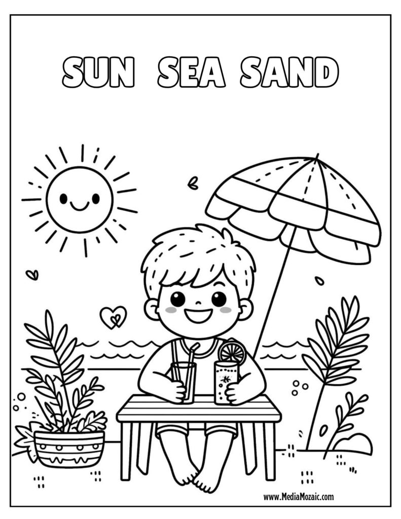 sun, sea, sand, beach coloring page, summer colouring pages kids, summer coloring sheets, free printable coloring pages, summer coloring pages printable pdf