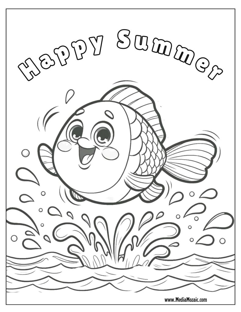  happy summer colouring page, laughing fish colouring page, water colouring page, beach colouring pages,summer colouring pages