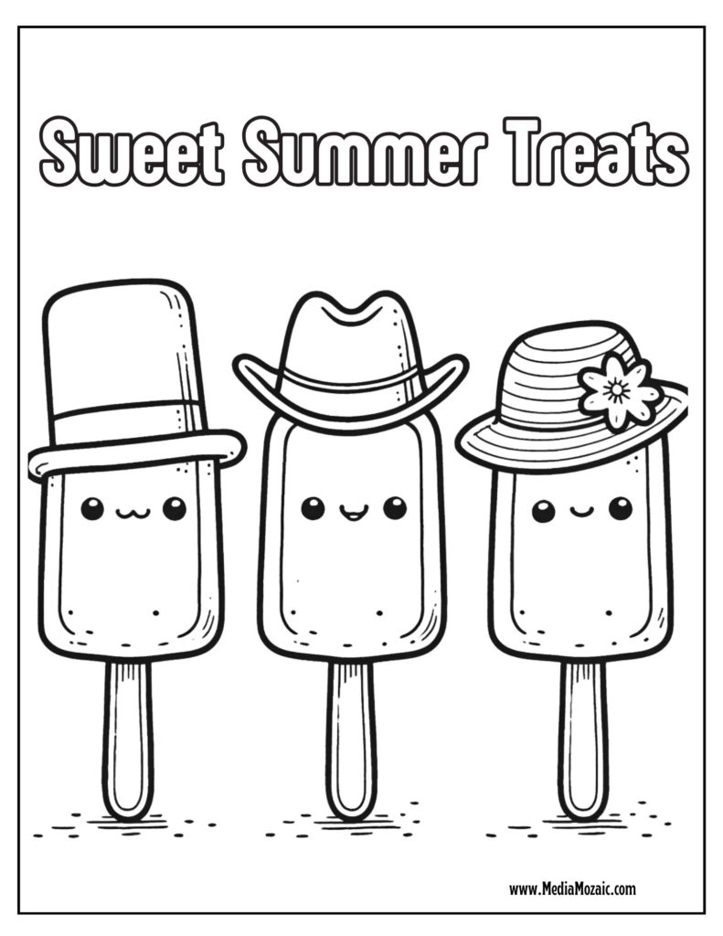 Sweet summer treats colouring page, Popsicles, colouring page, ice cream colouring page, funny popsicle colouring pages for kids,summer colouring pages