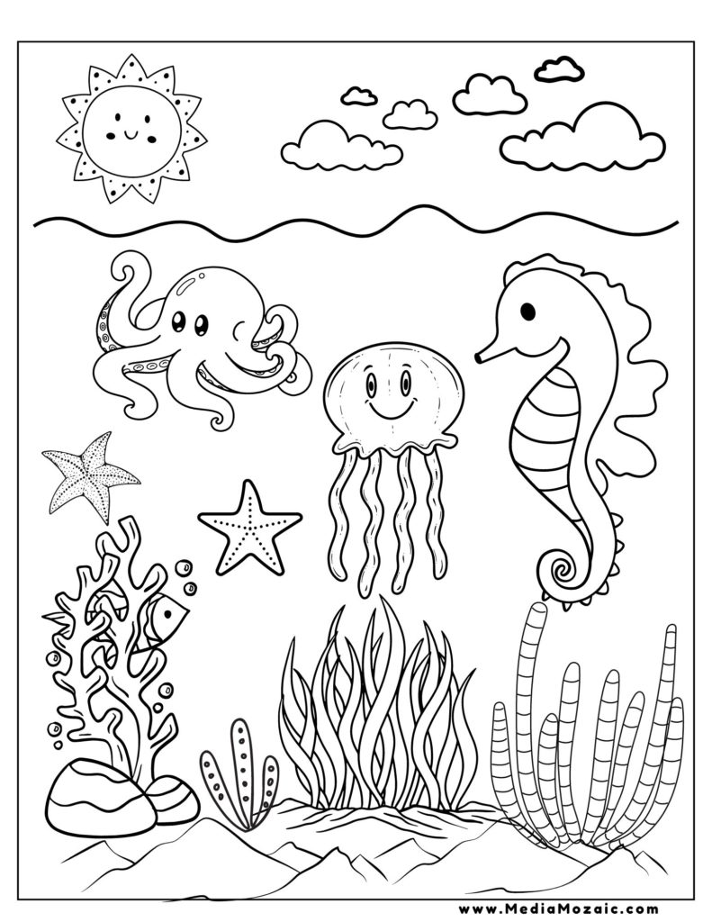 coloring sheet ocean, free printable coloring sheets for kids, under the sea coloring pages free, summer holidays coloring page, free printable ocean coloring pages