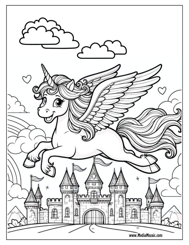 free downloadable coloring pages for kids, animal coloring pages for kids, cute flying unicorn coloring image,