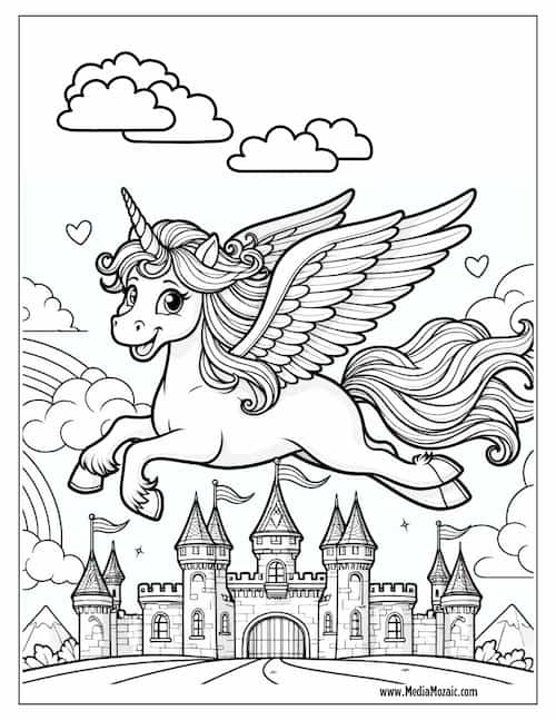 70 Unicorn Coloring Pages (Free Printable PDFs) 64 free downloadable coloring pages for kids, animal coloring pages for kids, cute flying unicorn coloring image,coloring pages for kids