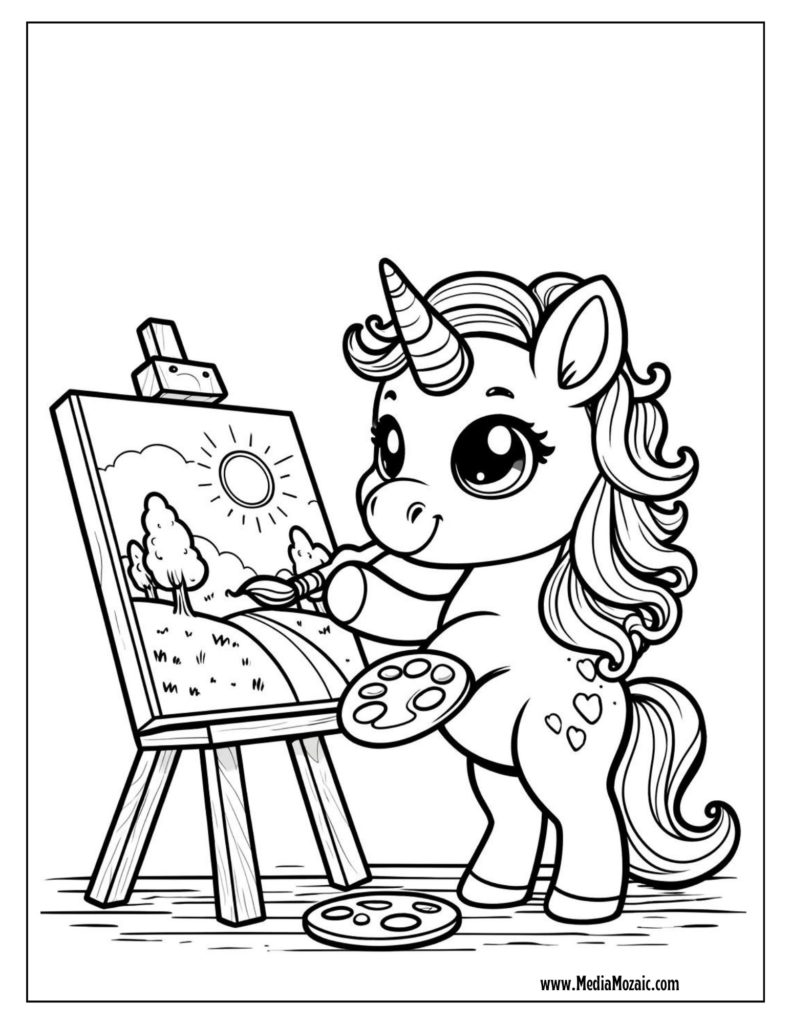 unicorn painting a scene coloring pages for kids, cute baby unicorn coring page, 