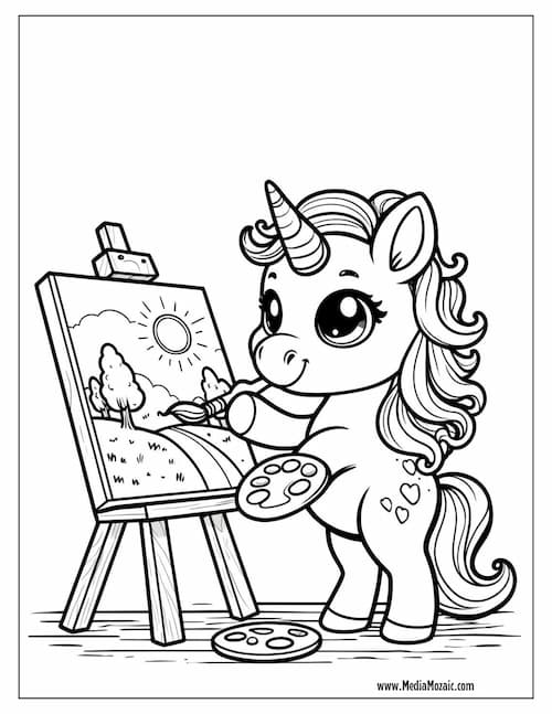 70 Unicorn Coloring Pages (Free Printable PDFs) 57 unicorn painting a scene coloring pages for kids, cute baby unicorn coring page, coloring pages for kids
