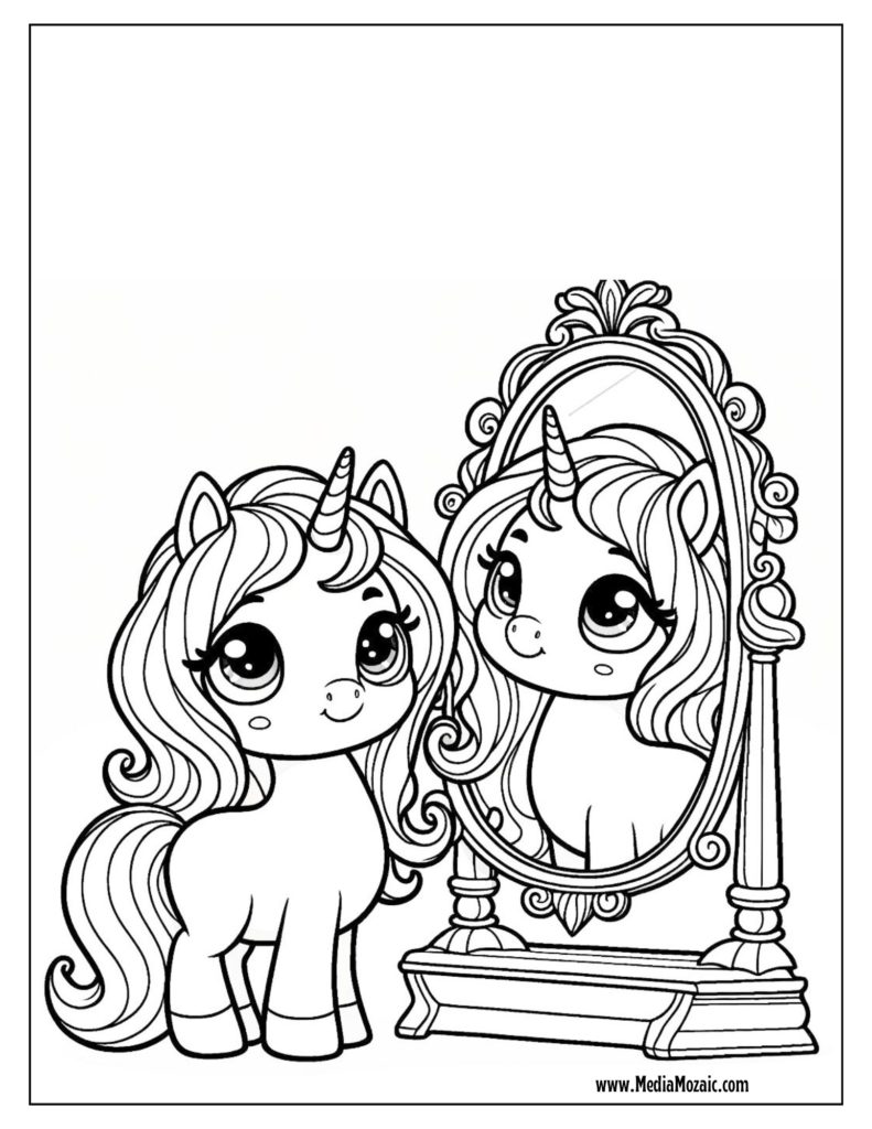 unicorn looking at his reflection coloring pages for kids, free printable coloring pages, free Unicorn Coloring Pages, cute unicorn images to color