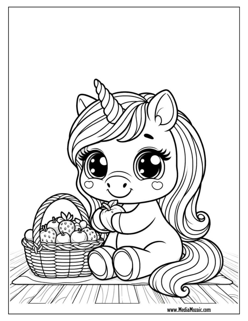 unicorn with fruit coloring page, baby unicorn cute coloring pages free pdf