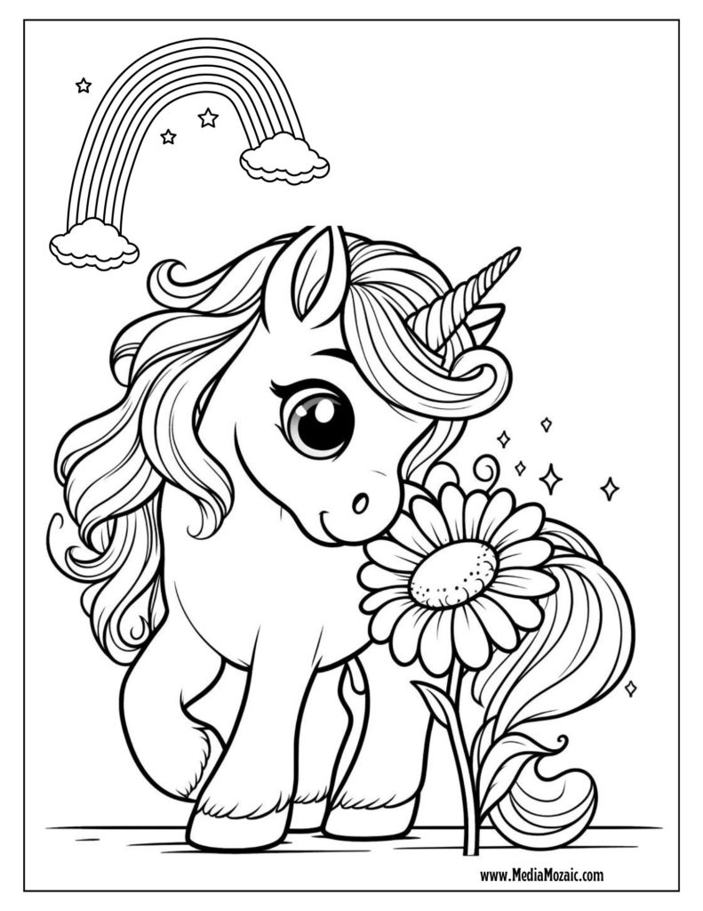 unicorn with flowers coloring sheets, free  animal coloring sheets, 