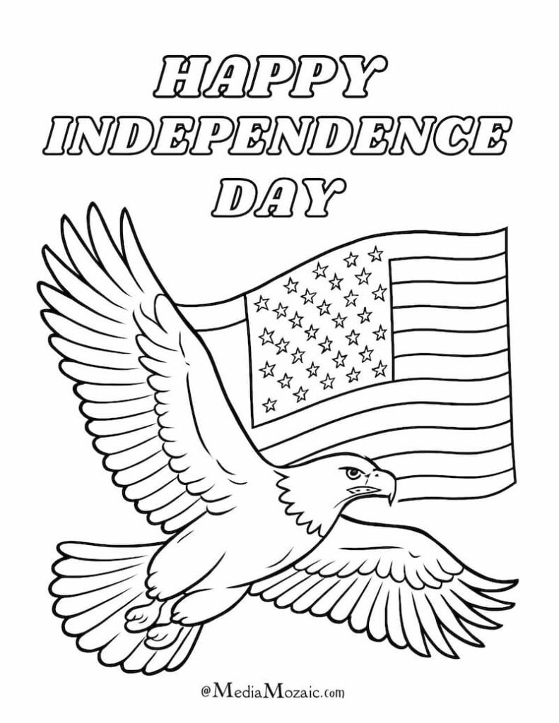 23 Printable 4th of July Coloring Pages ๐บ๐ธ(PDFs) 2 Bald Eagle soaring with American flag