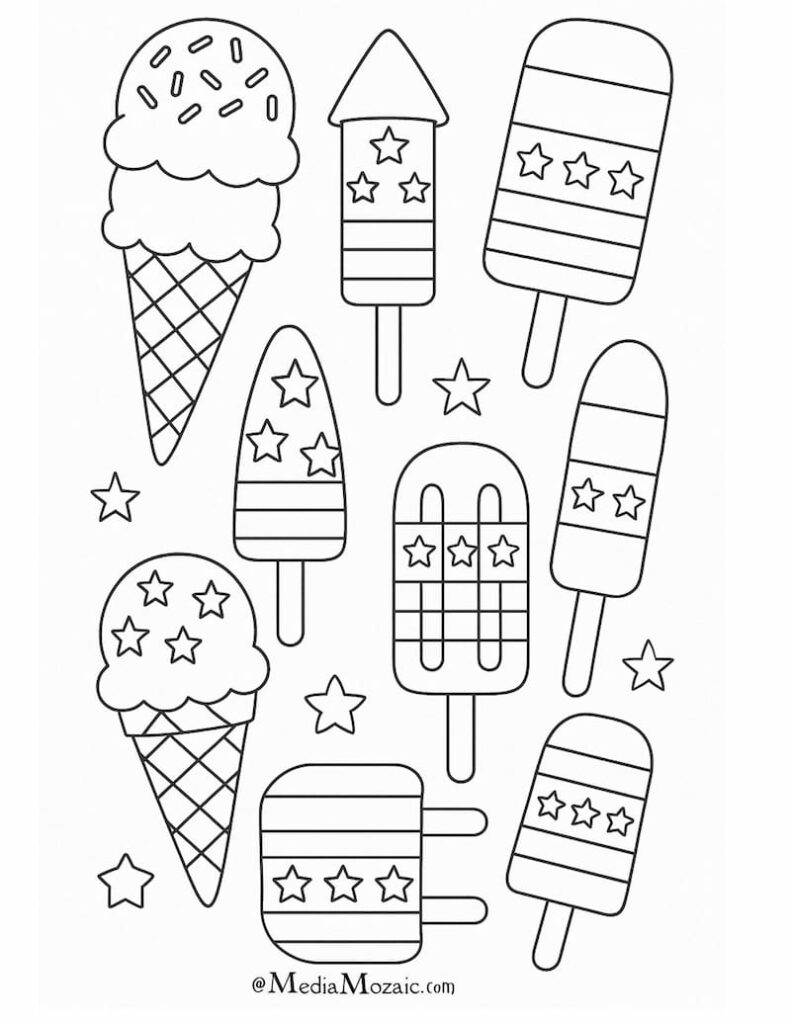 23 Printable 4th of July Coloring Pages ๐บ๐ธ(PDFs) 14 4th of july celebration coloring pages, 4th of july fireworkds coloring pages, ice Cream Cones and Popsicles in Red, White, and Blue