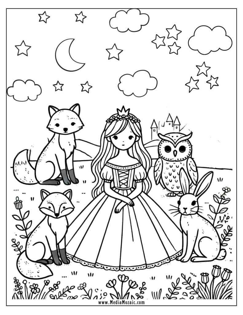 Princess with animal friends coloring page