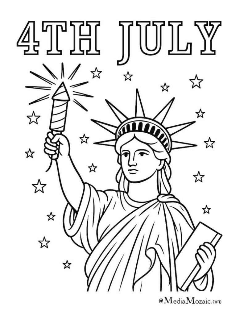23 Printable 4th of July Coloring Pages ๐บ๐ธ(PDFs) 4 Statue of Liberty holding fireworks