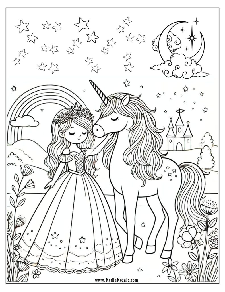 classic coloring sheets, classic princess coloring pages, classic princess and Unicorn Coloring Pages